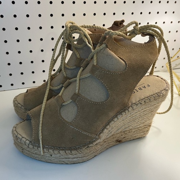 Fabiolas Tan Lace Up Cut Out Wedge Leather Espadrille Sandals - Picture 3 of 16